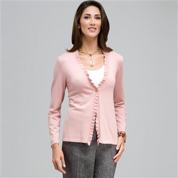 Long Sleeve Ruffle Front Trim Cardigan, Carnation, large