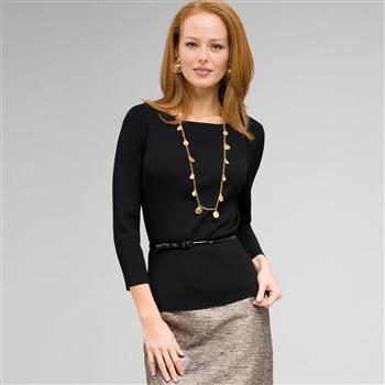Belted Ribbed Boat Neck Sweater, Black, large